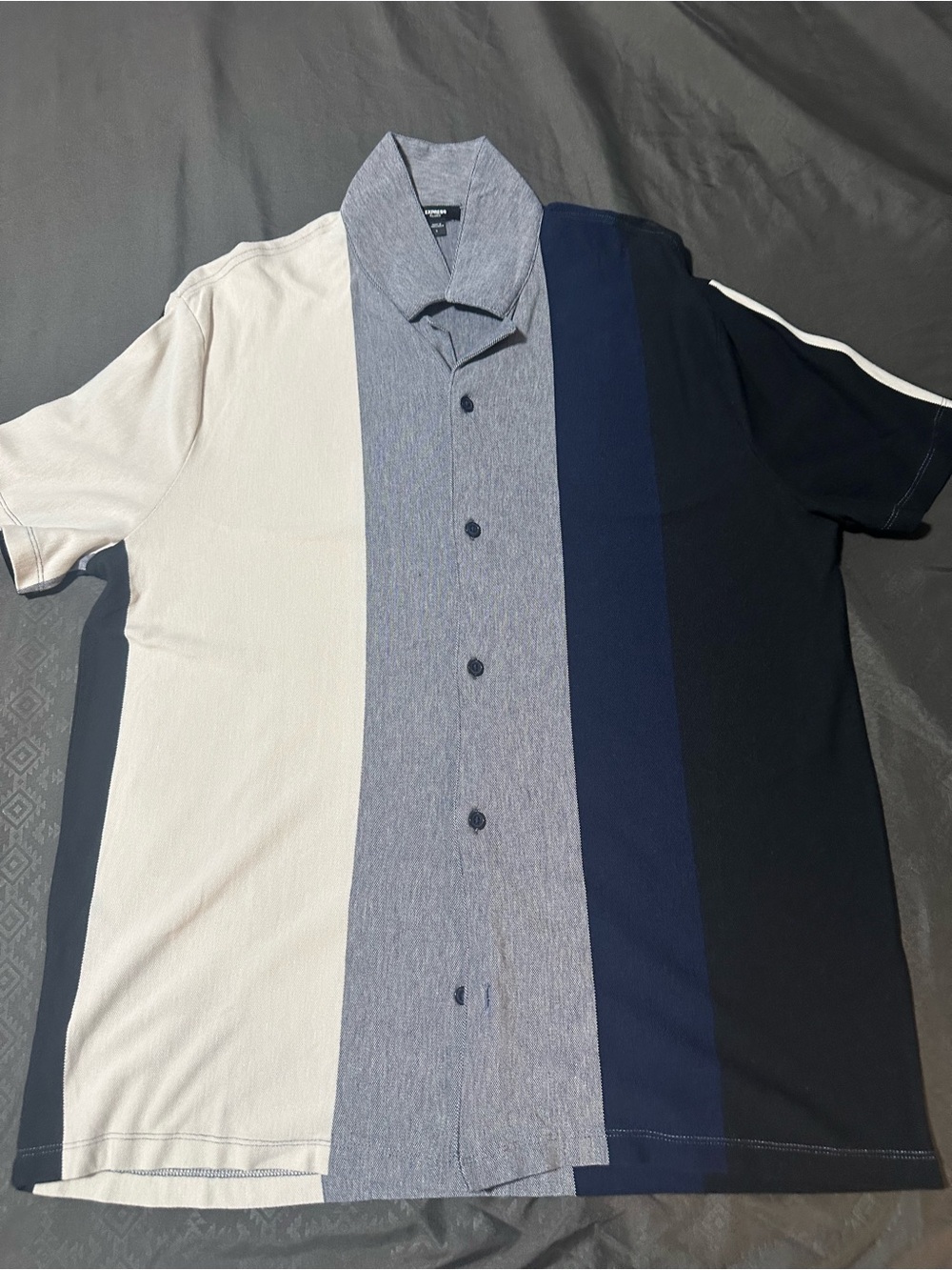 Men's Short-Sleeve Vertical Stripe Shirt in Beige, Blue & Black